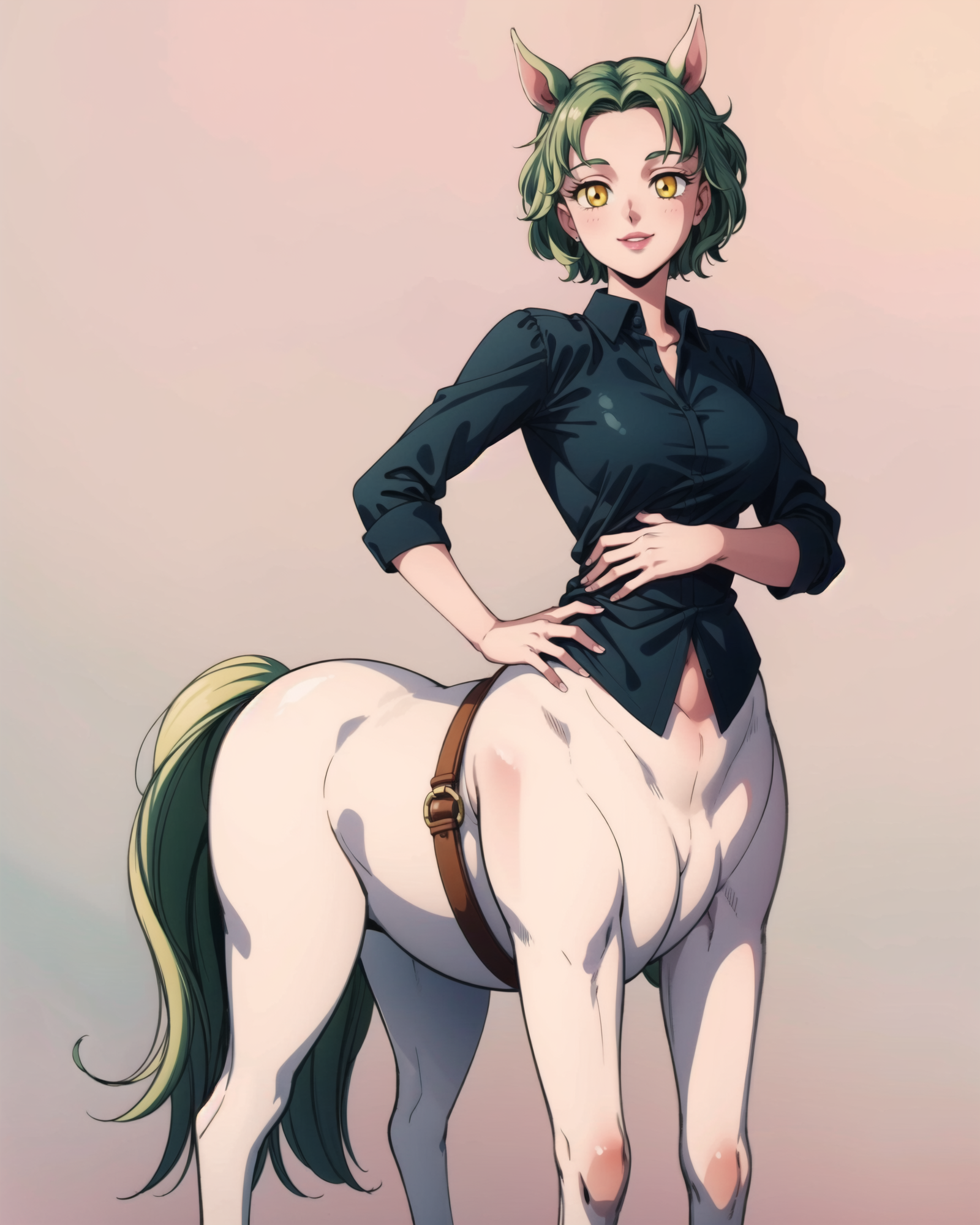 00487-1680191822-, 1girl, green hair, medium hair, yellow eyes, forehead, centaur, taur, horse ears, lips, milf, mature female, curvy, black shir.png